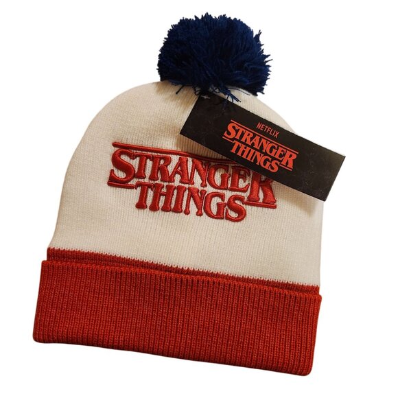 Stranger Things Other - Netflix Stranger Things Unisex OS Beanie Pom Pom White Red Fleece Lined NWT